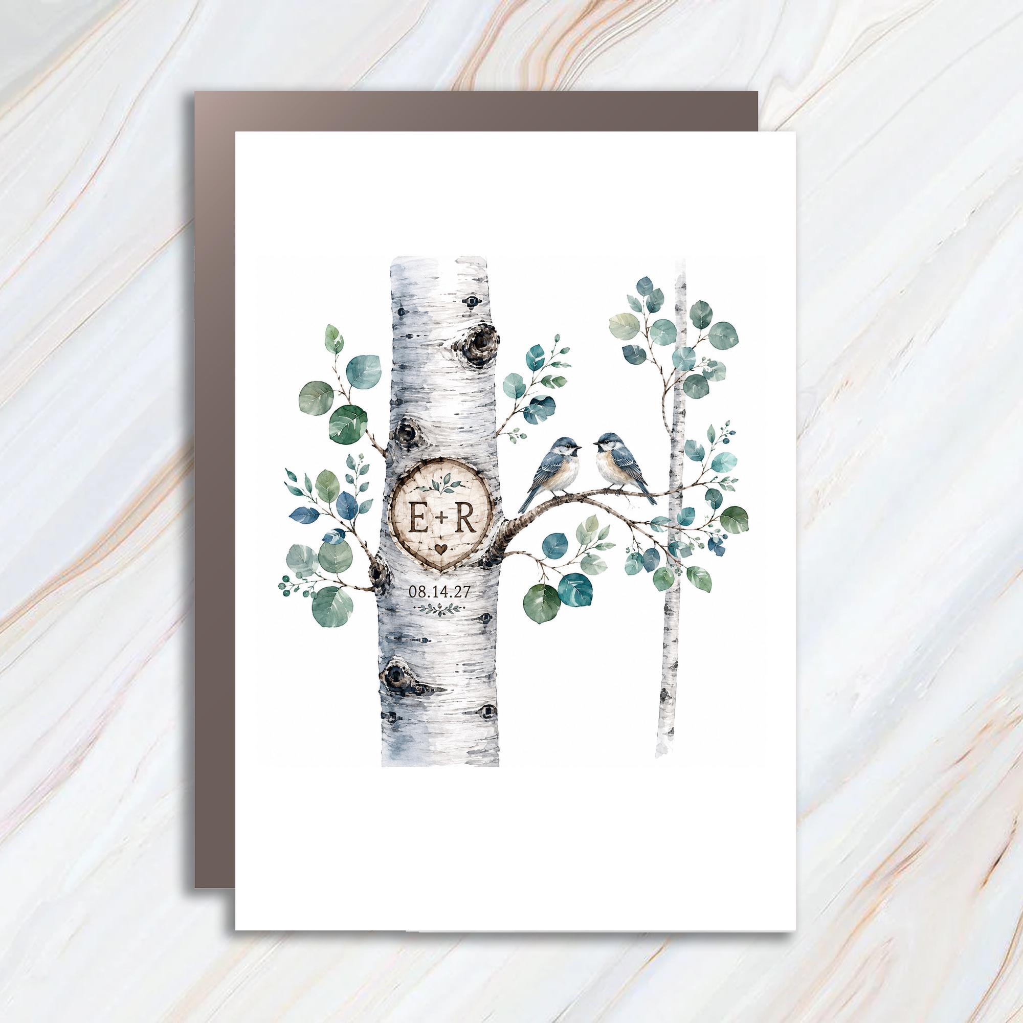 Wedding Anniversary Card Personalized Love Birds Birch Tree Romantic Couple Keepsake C1756