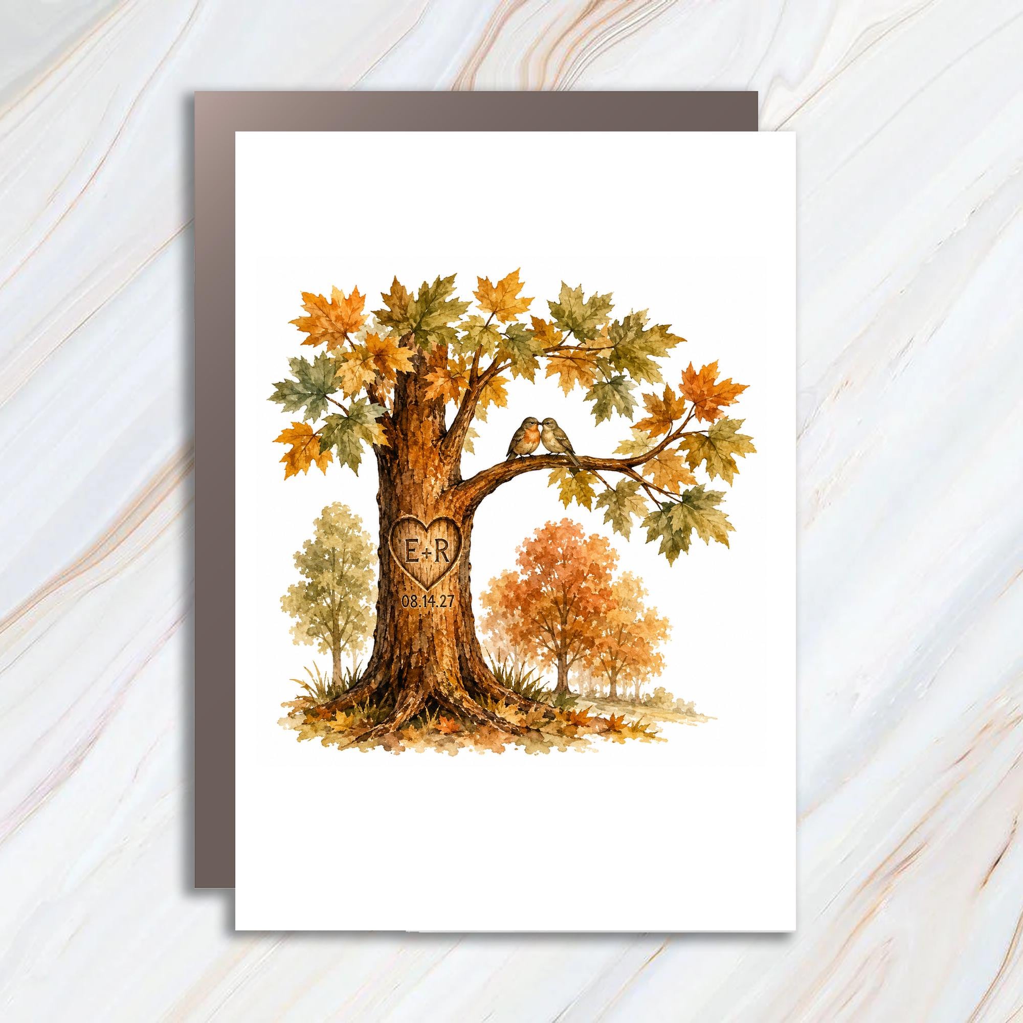 Anniversary Card Romantic Love Birds Tree Carving Personalized Wedding Date For Couple Cute Nature Card C1755