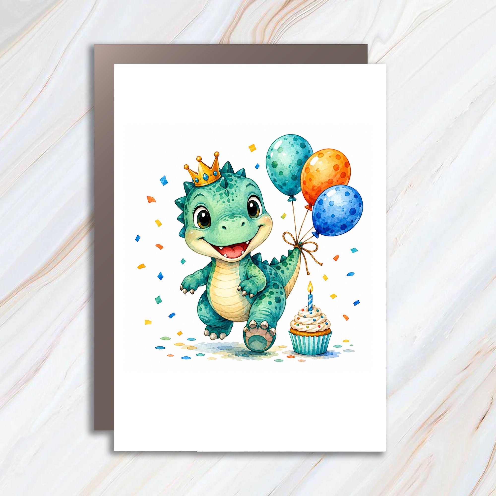Cute Dinosaur Birthday Card Kids Party Greeting Card Adorable Dino With Balloons Cupcake Celebration For Child Fun C1757