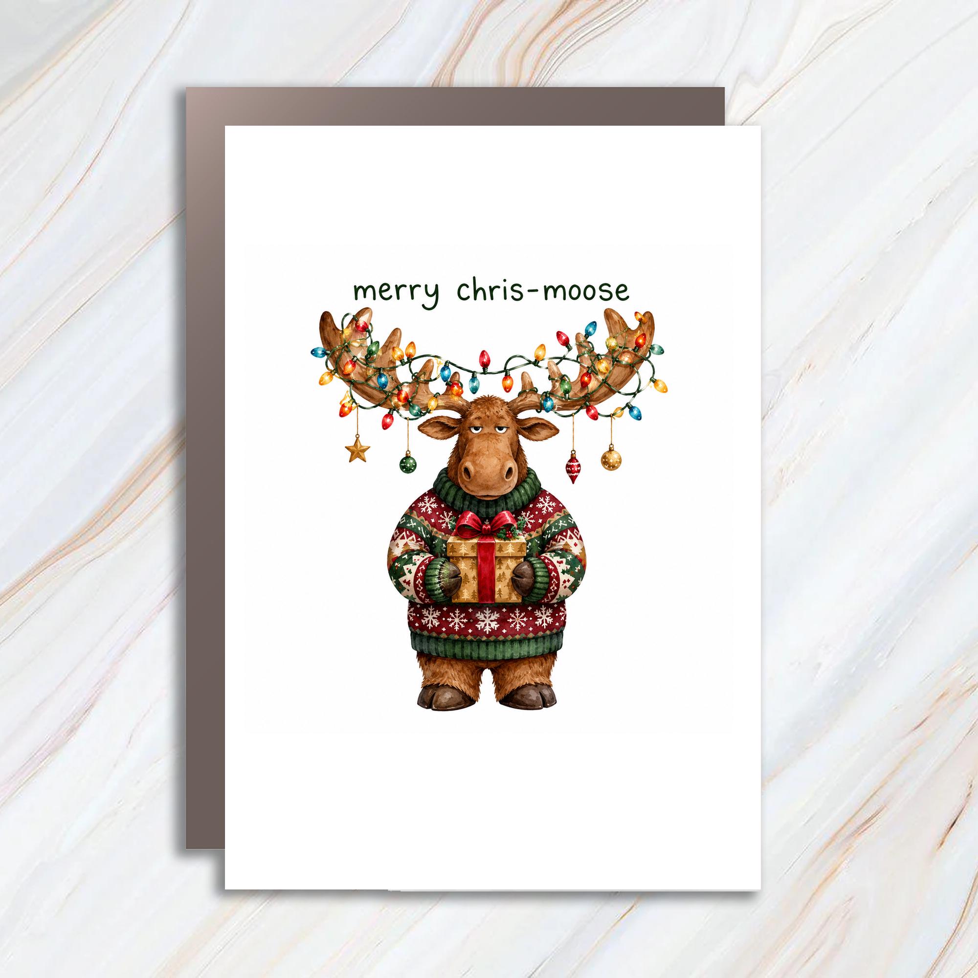 Merry Chris-Moose Funny Christmas Card Cute Moose With Lights Holiday Greeting Card For Animal Lover Festive Xmas Card C1760