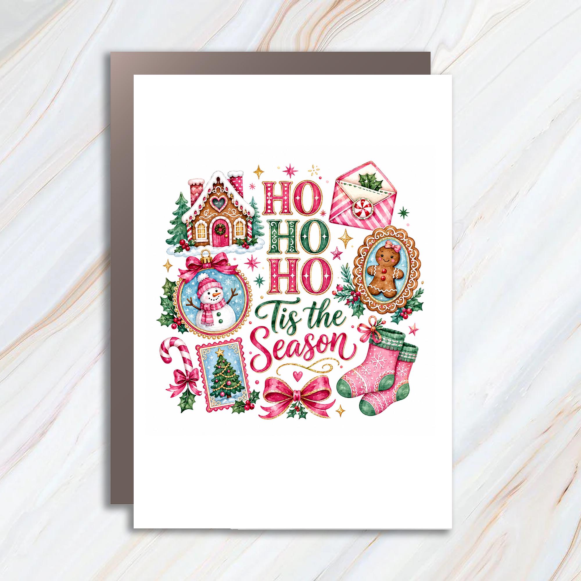 Ho Ho Ho Tis The Season Christmas Card Festive Holiday Greeting Card With Gingerbread House Snowman Stockings C1767