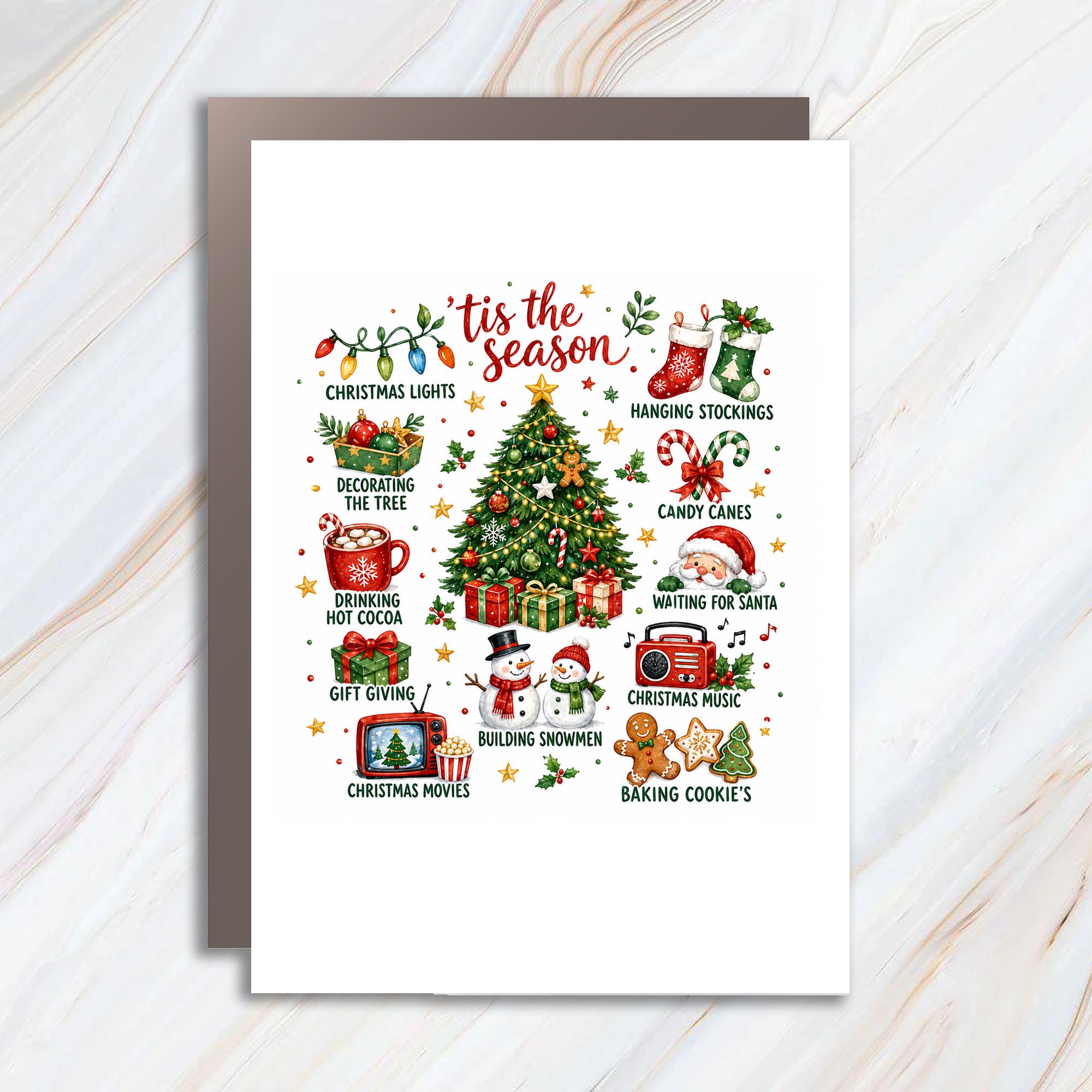 Tis The Season Christmas Card Festive Holiday Greeting Card Christmas Tree Snowmen Santa Lights Gift Giving For Family C1771