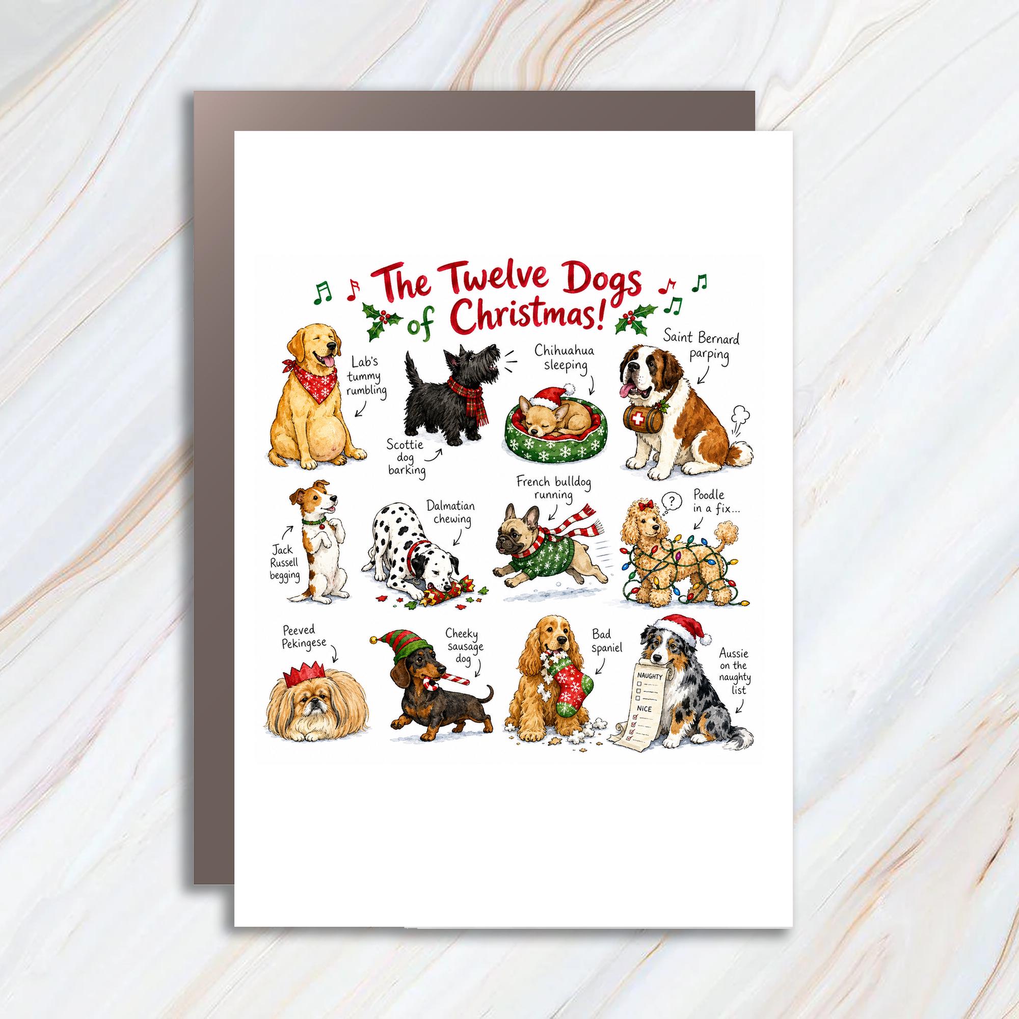 The Twelve Dogs Of Christmas! Funny Christmas Card Dog Lover Holiday Greeting Card Cute Festive Animal Card For Friends Family C1783