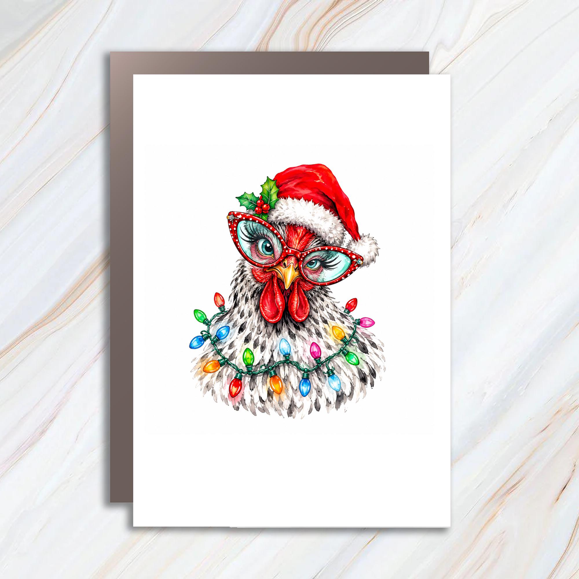 Funny Chicken Christmas Card Santa Hat Holiday Greeting Card Cute Animal Lover Festive Lights Holiday Card C1787