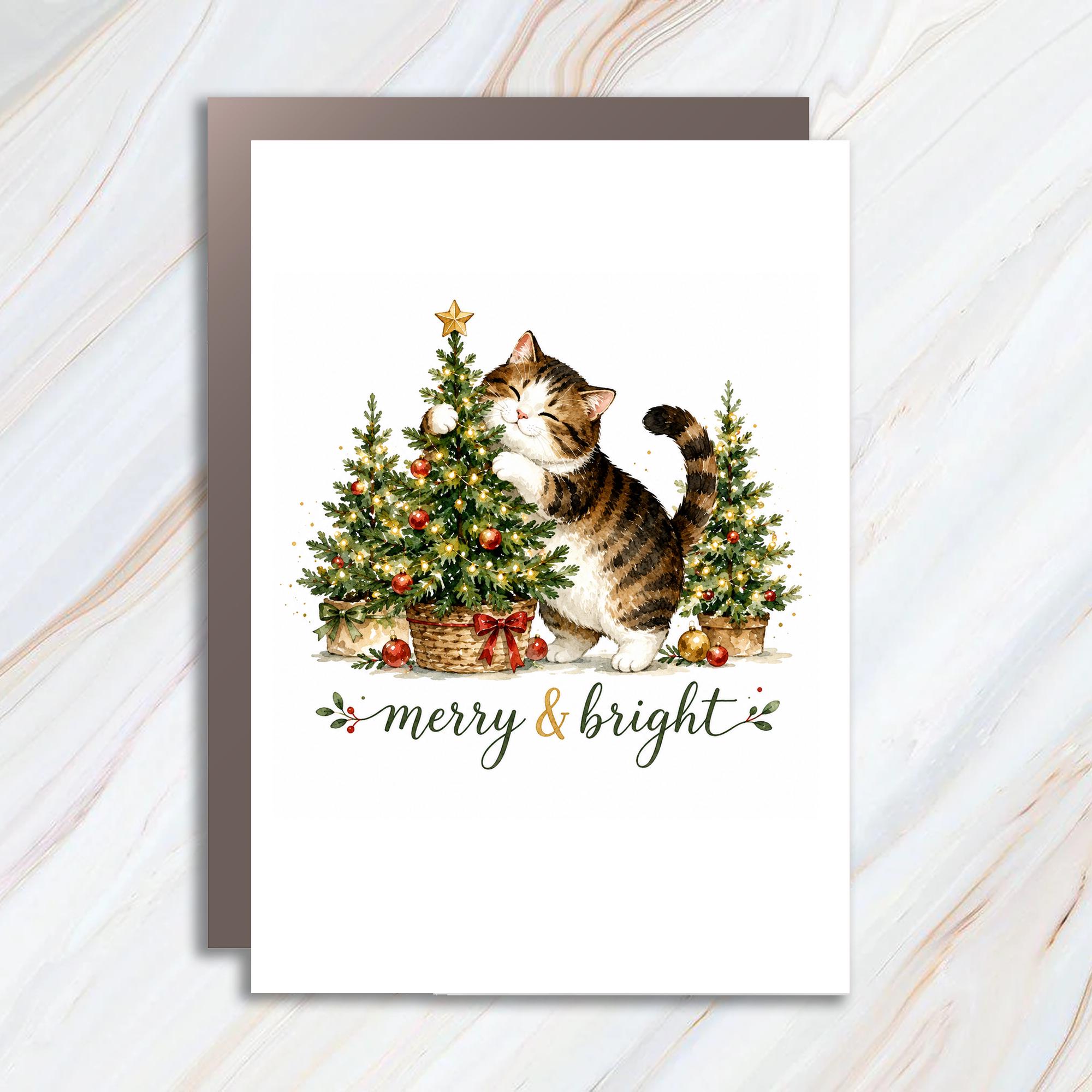 Merry & Bright Christmas Card Cute Cat With Christmas Tree Holiday Greeting Card For Cat Lover Festive Xmas Card C1788