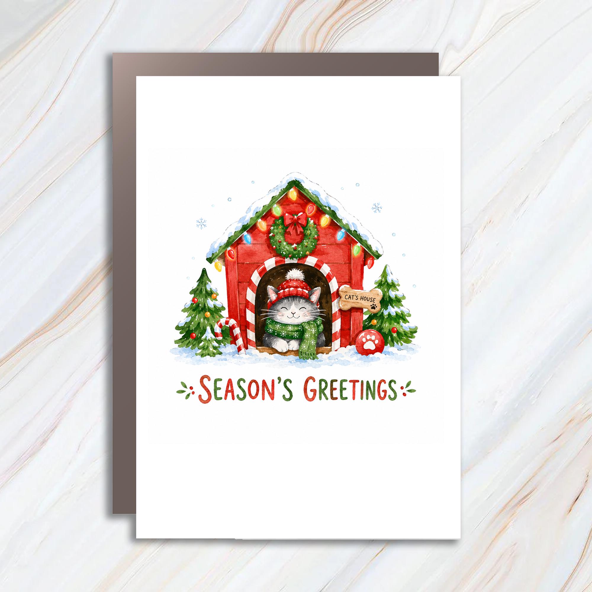 Season's Greetings Christmas Card Cute Cat Festive Holiday Card For Cat Lover Adorable Winter Scene Greeting Card C1798