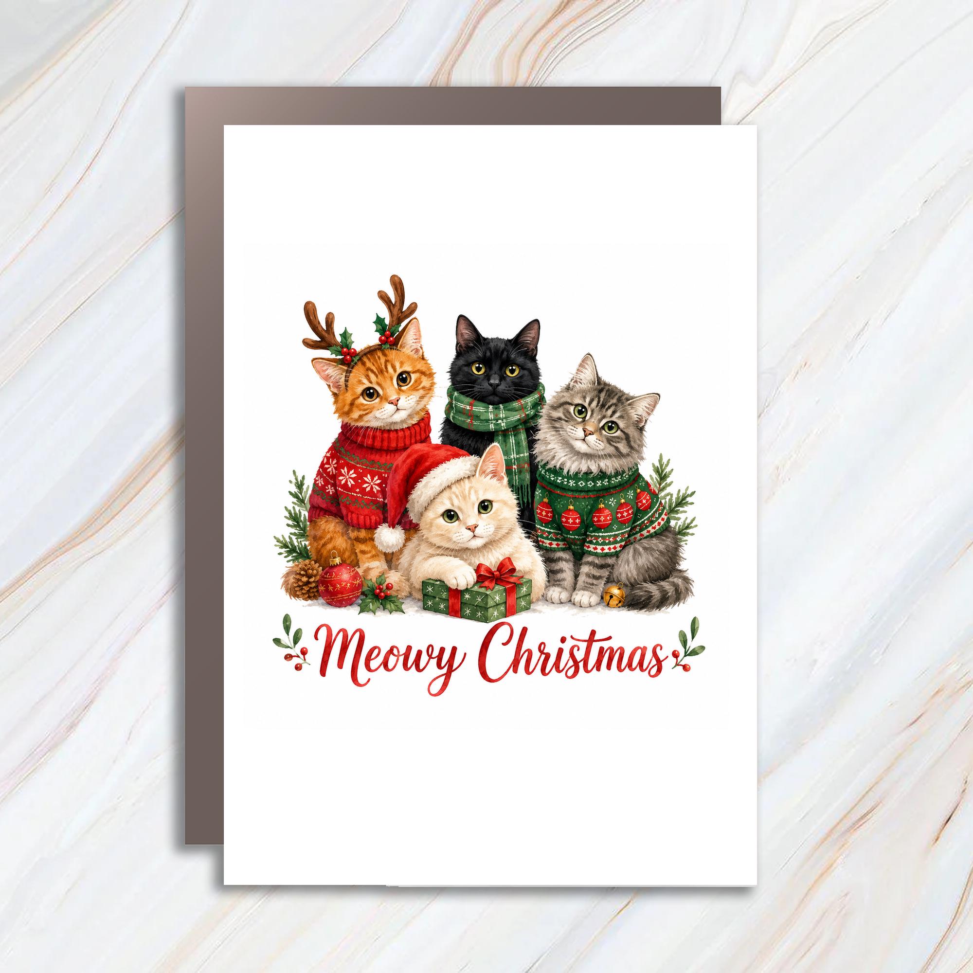 Meowy Christmas Cute Cat Christmas Card Festive Holiday Greeting Card For Cat Lovers Adorable Feline Xmas Card C1761