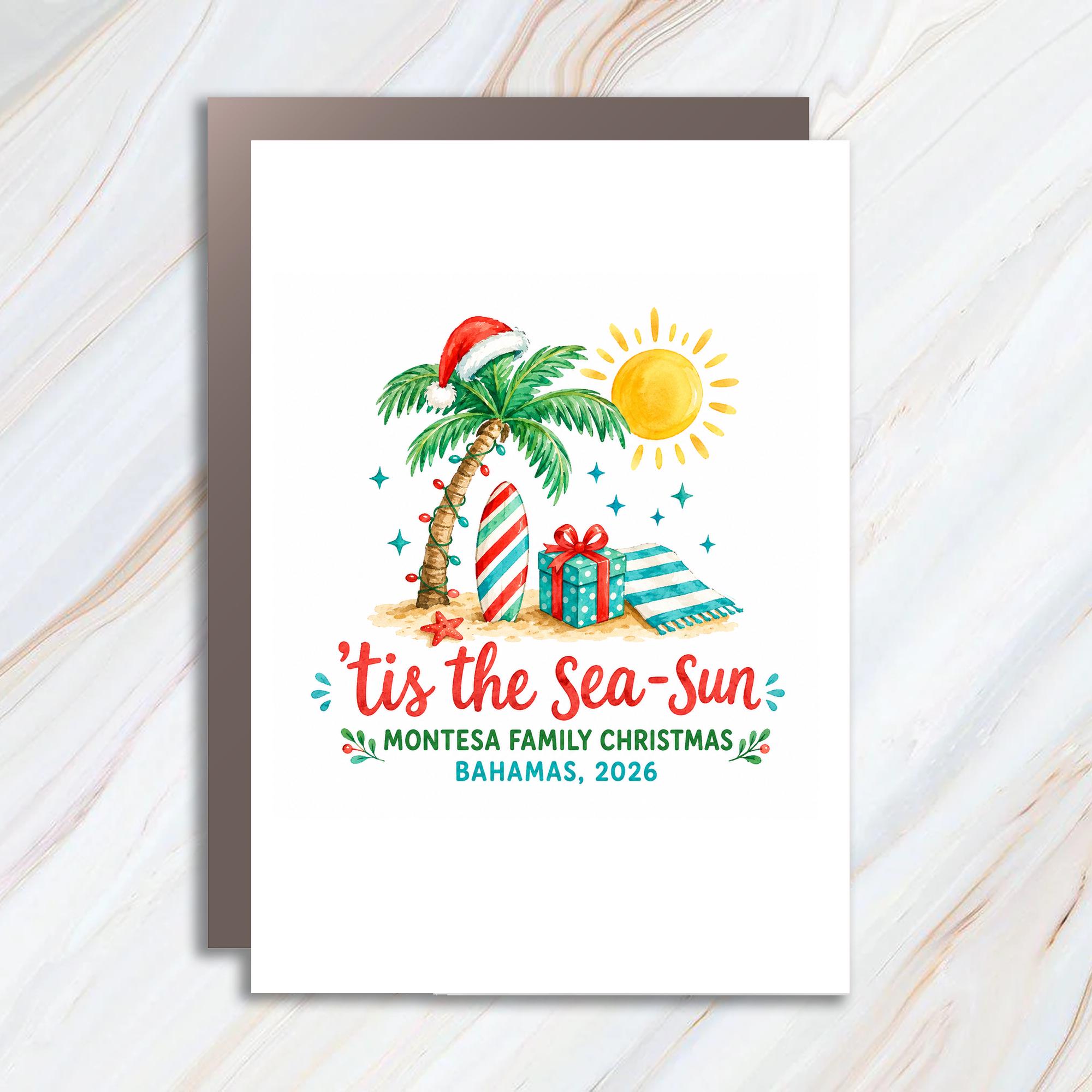 Tis The Sea-Sun Christmas Card Tropical Holiday Greeting Card Family Vacation Bahamas 2026 Personalized Xmas Card C1762