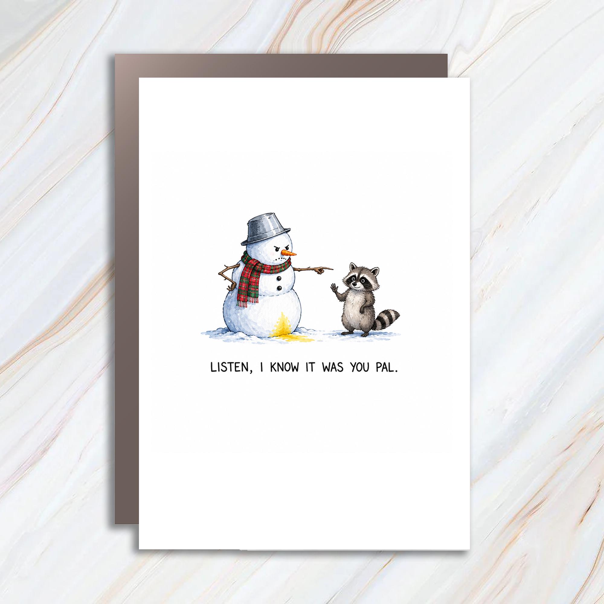 Listen, I Know It Was You Pal. Funny Christmas Card Snowman Raccoon Holiday Greeting Card For Friend Cute Winter C1764