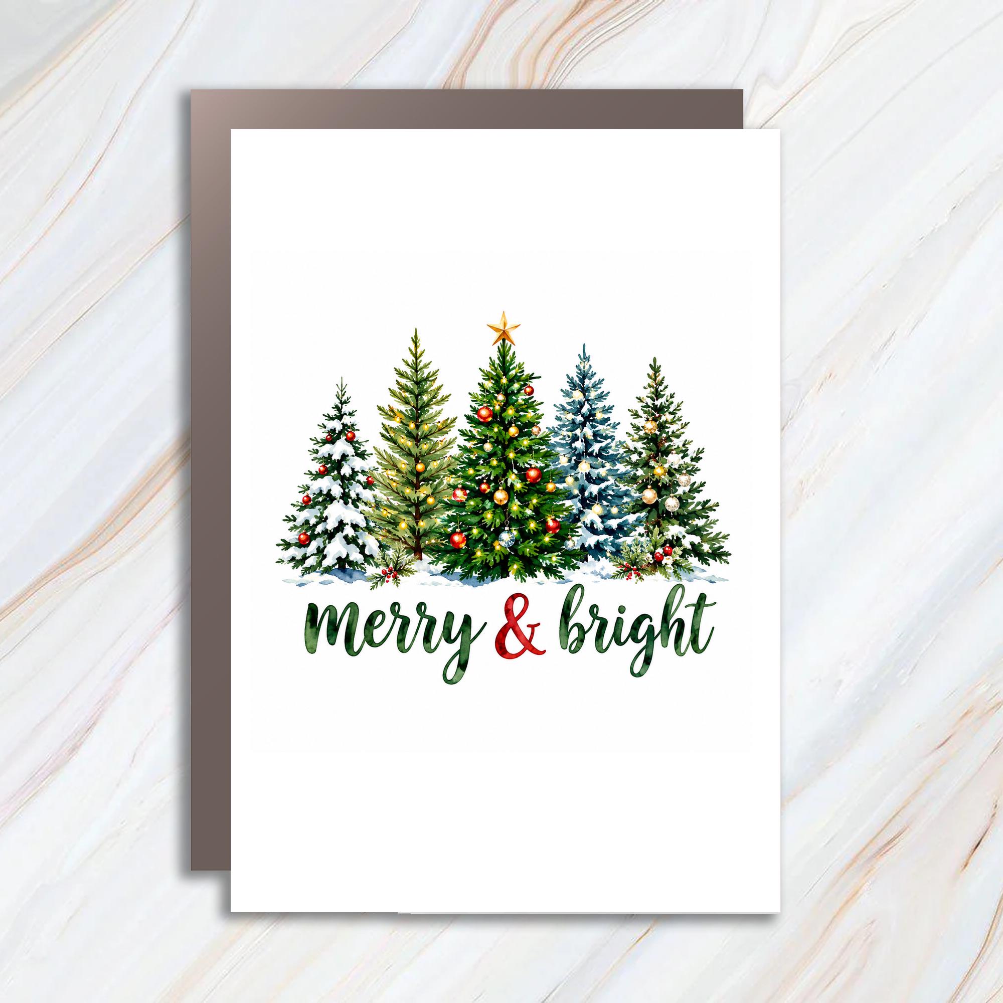 Merry & Bright Christmas Card Festive Holiday Greeting Card For Family Friends Cute Christmas Trees With Ornaments C1775