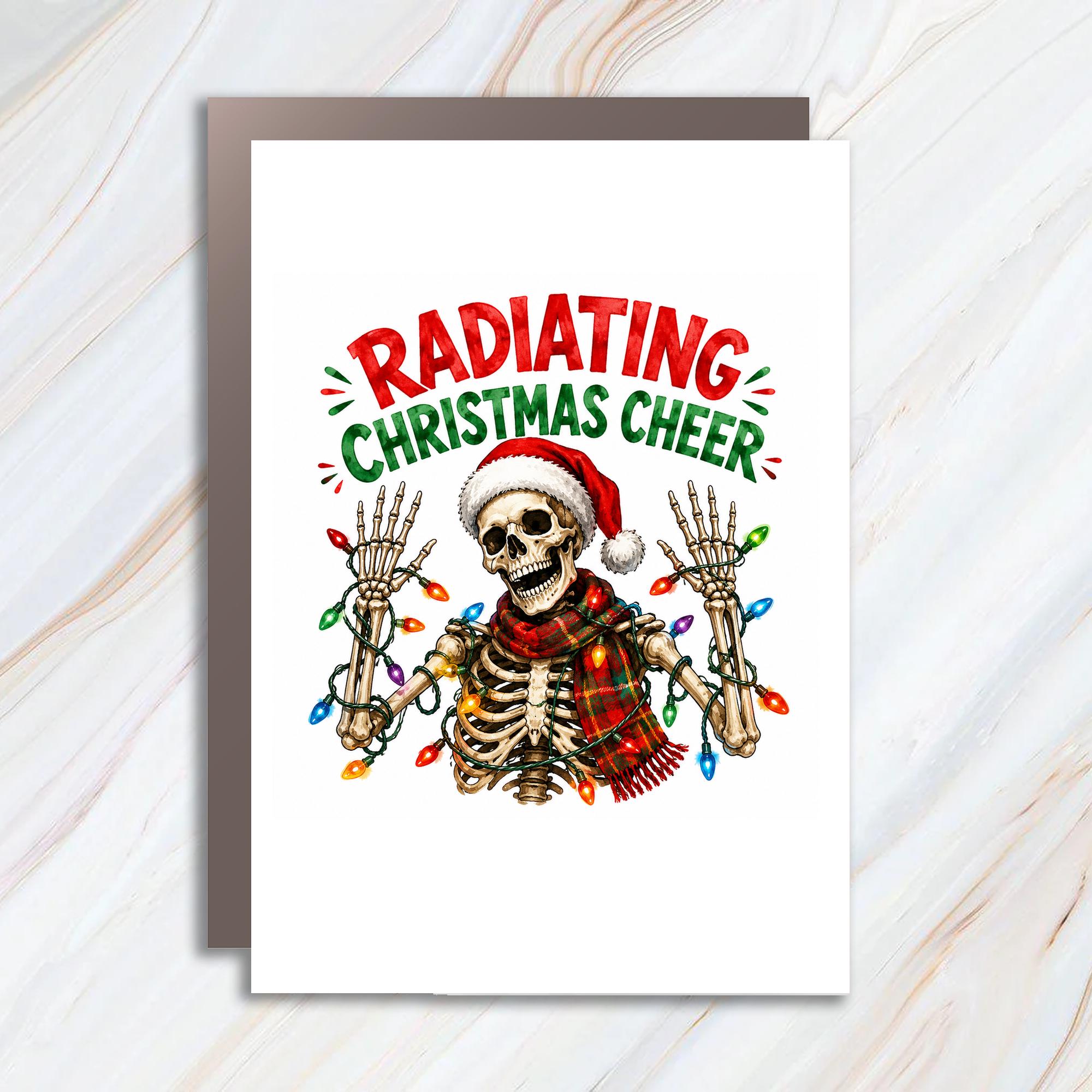 Radiating Christmas Cheer Funny Skeleton Christmas Card Holiday Greeting Card For Friends Family Festive Lights C1782
