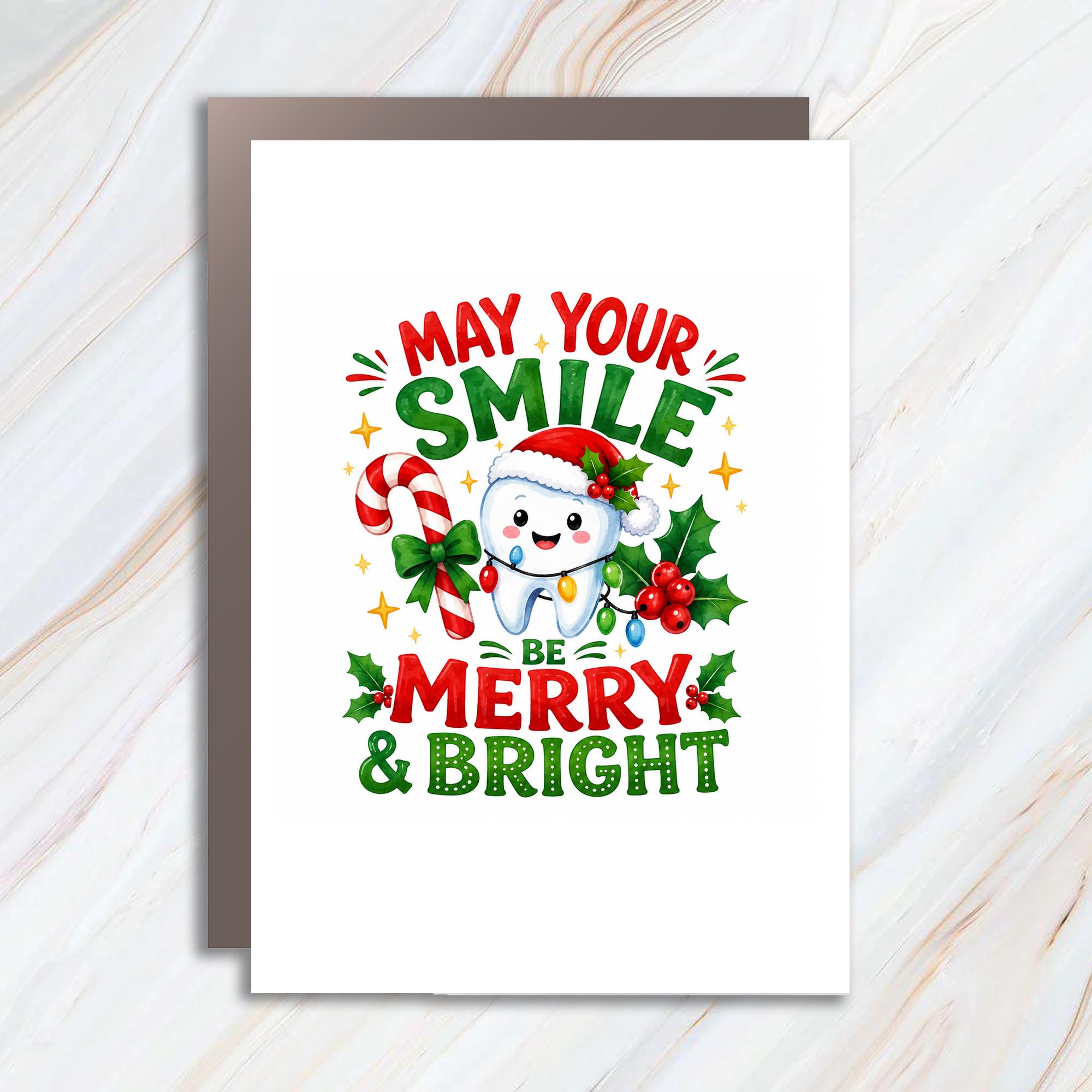 May Your Smile Be Merry & Bright Christmas Card Cute Tooth Santa Hat Candy Cane Holiday Greeting Card For Dentist C1786