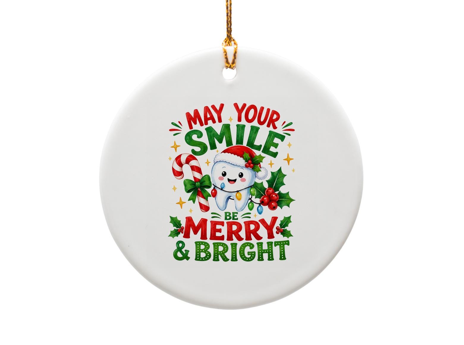 May Your Smile Be Merry & Bright Christmas Ornament Cute Tooth Santa Hat Candy Cane Holiday Decor Gift O1786