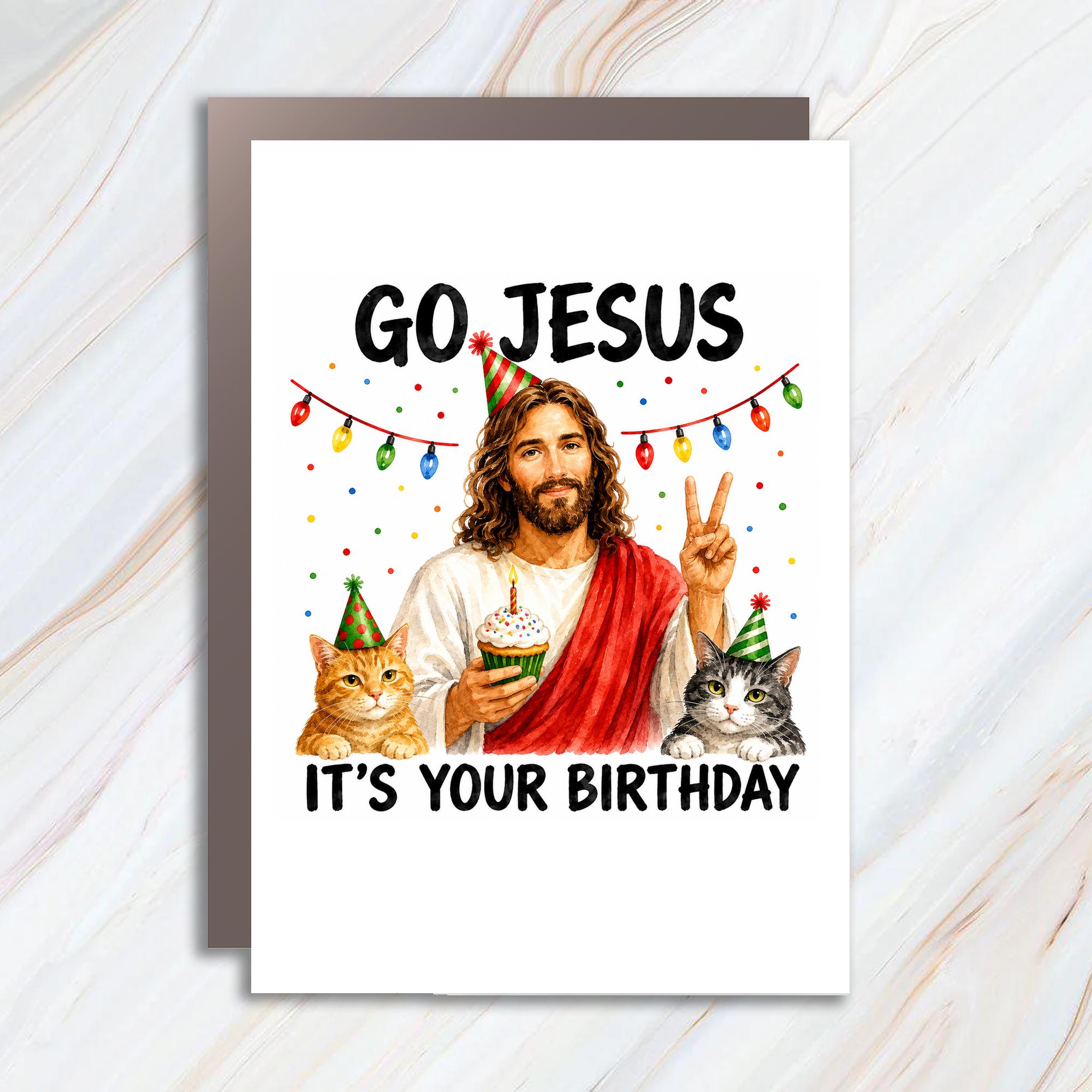 Go Jesus It's Your Birthday Funny Christmas Card Cats Cupcake Holiday Greeting Card For Cat Lover Xmas Card C1790