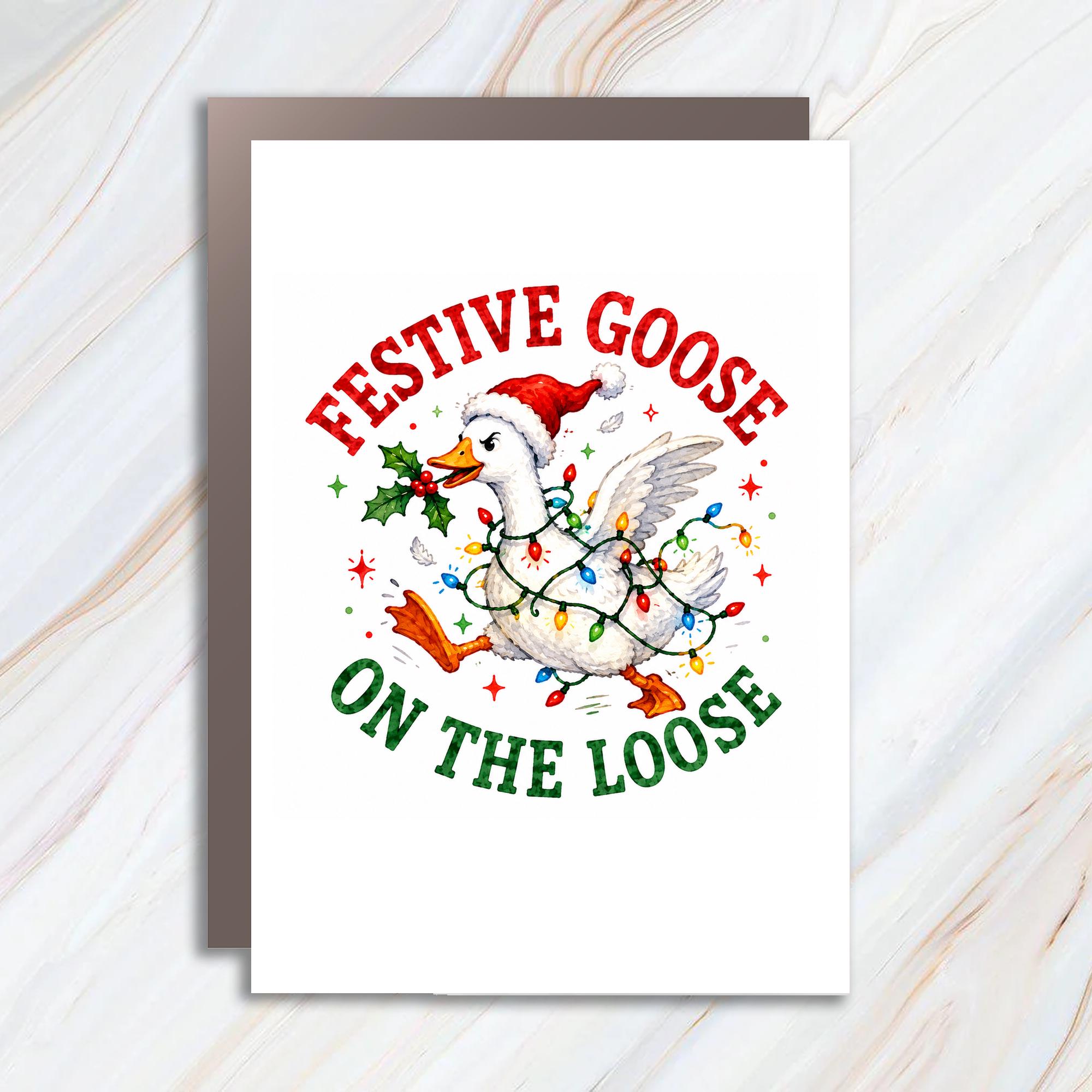 Festive Goose On The Loose Funny Christmas Card Goose With Lights Holiday Greeting Card For Animal Lover Cute Xmas Card C1791