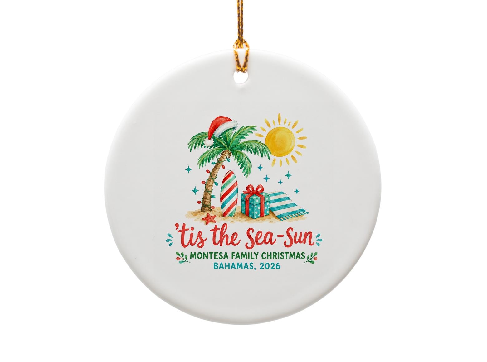 Tis The Sea-Sun Christmas Ornament Tropical Holiday Decor Montesa Family Bahamas 2026 Personalized Beach Theme Gift O1762