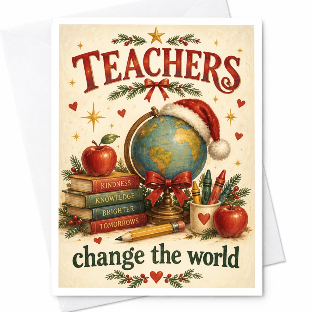 Teachers Change The World Teacher Appreciation Card Christmas Holiday Card For Educators Thank You Card With Globe C7155