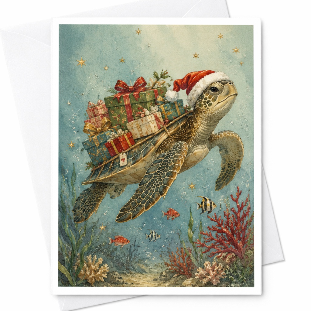 Turtle Christmas Card Santa Hat Underwater Holiday Greeting Card Cute Sea Life Illustration For Ocean Lover Festive Card C7158