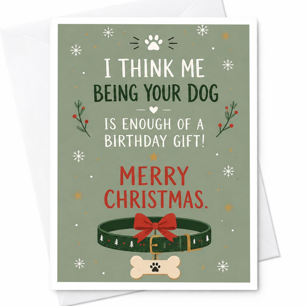 I Think Me Being Your Dog Is Enough Of A Birthday Gift! Merry Christmas. Funny Dog Christmas Card Pet Lover Holiday Greeting Card C7162