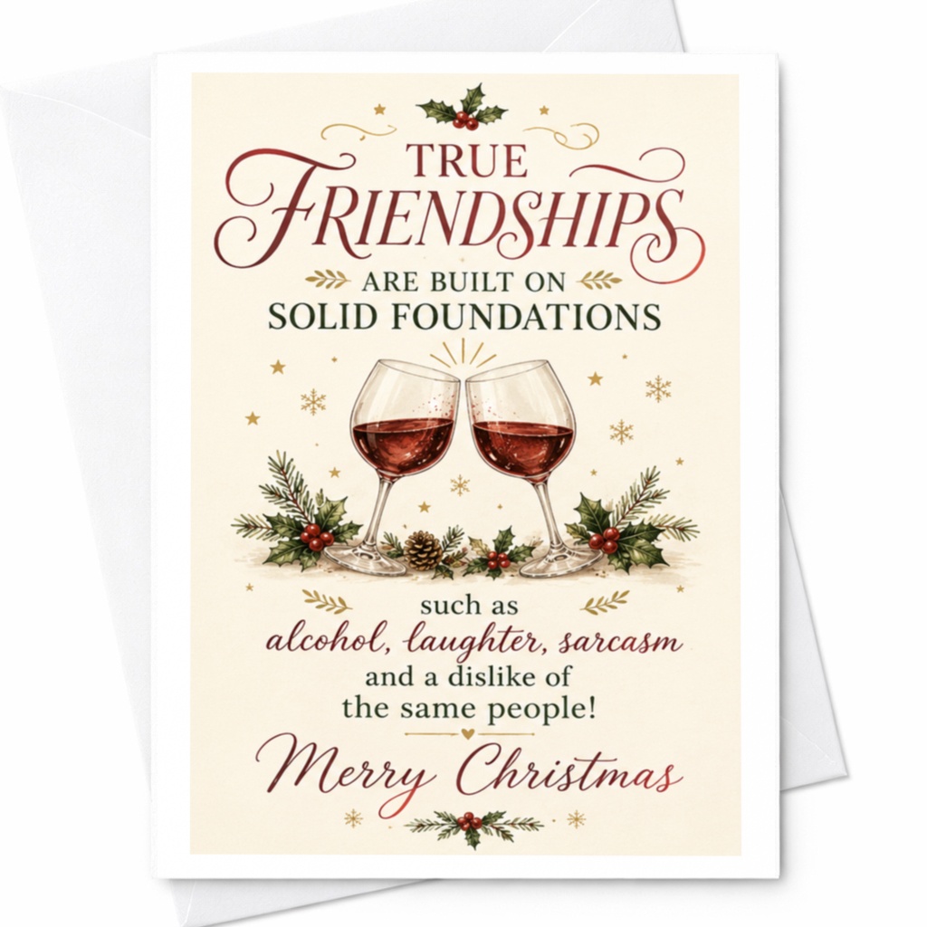 True Friendships Are Built On Solid Foundations Merry Christmas Card Funny Holiday Greeting Card For Friend Wine Lover C7163