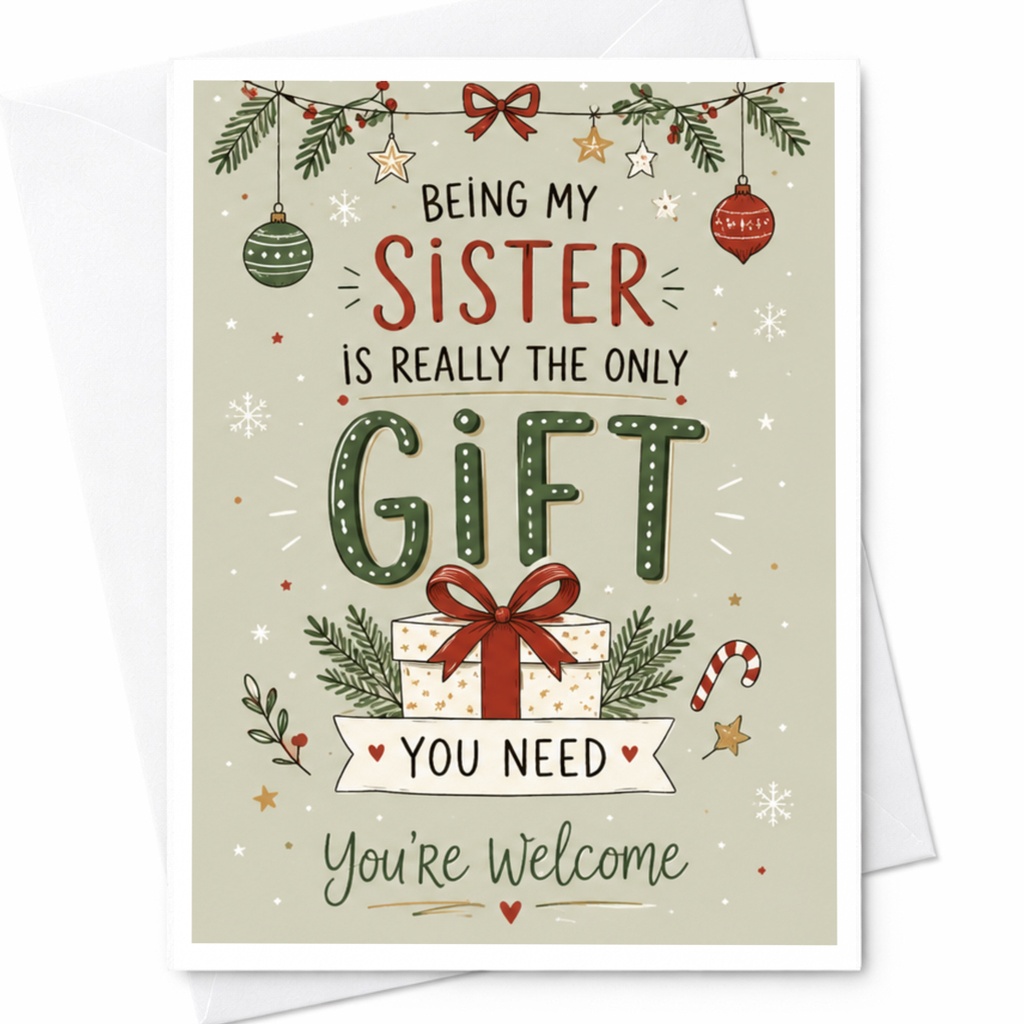 Being My Sister Is Really The Only Gift You Need You're Welcome Funny Christmas Card For Sister Holiday Greeting Card Cute Festive C7166