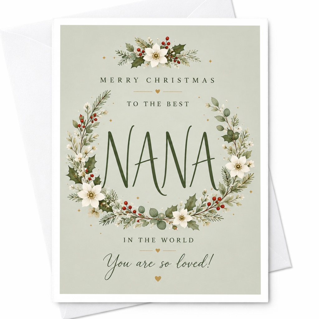 Merry Christmas To The Best Nana In The World You Are So Loved Christmas Card For Nana Floral Wreath Holiday Card C7170