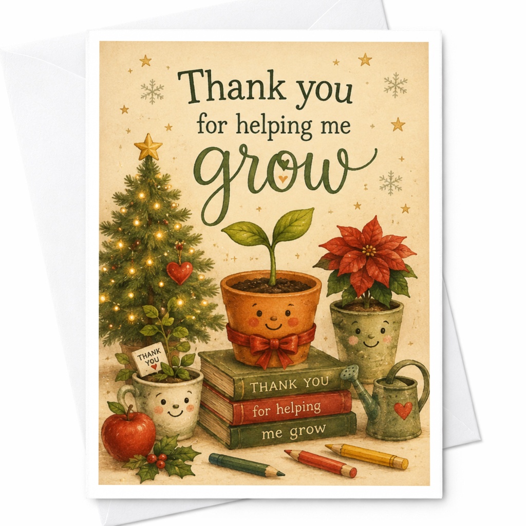 Thank You For Helping Me Grow Card Holiday Theme Teacher Appreciation Cute Potted Plant Christmas Thank You Card C7173