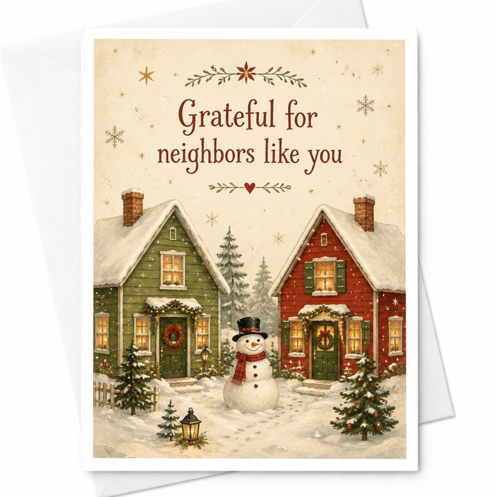 Grateful For Neighbors Like You Christmas Card Snowy Houses Snowman Holiday Greeting Card Winter Scene For Neighbor C7177