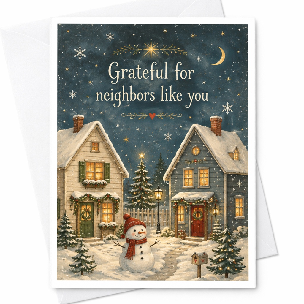 Grateful For Neighbors Like You Christmas Card Snowy Neighborhood Scene Holiday Greeting Card Winter Snowman C7178