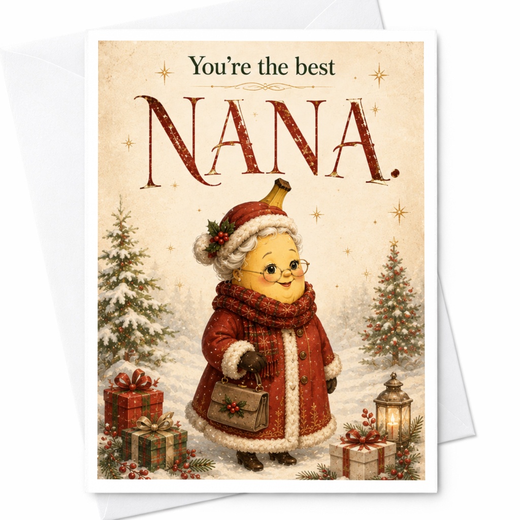 You're The Best Nana. Christmas Card Festive Holiday Greeting For Grandma Cute Winter Scene With Gifts And Lantern C7187