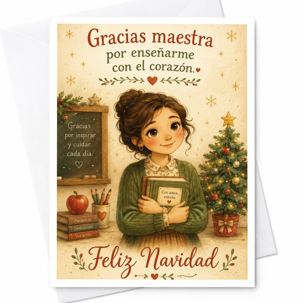 Gracias Maestra Por Enseñarme Con El Corazón. Feliz Navidad Christmas Card Teacher Appreciation Holiday Greeting Card C7201