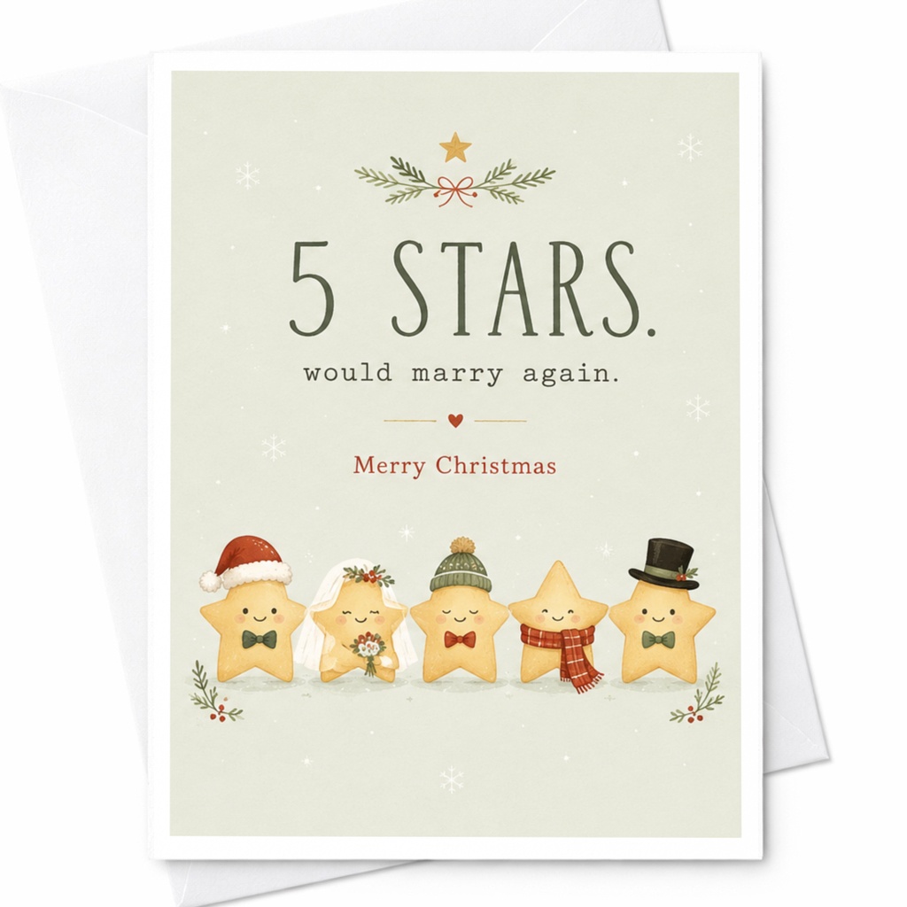5 Stars. Would Marry Again. Merry Christmas Cute Christmas Card Funny Holiday Greeting Card For Couple Festive Star C7210