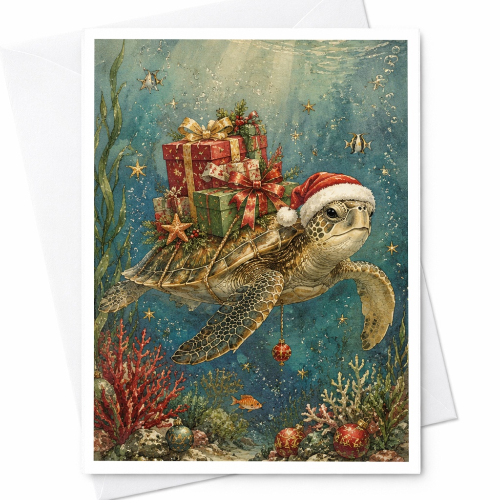 Turtle Christmas Card Underwater Holiday Greeting Card Cute Sea Animal Santa Hat Gifts Ocean Lover Festive Card C7157