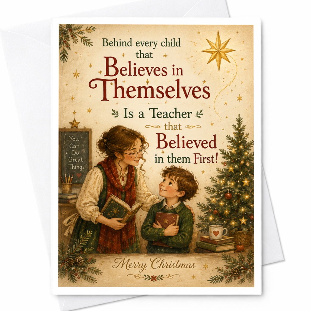 Behind Every Child Believes In Themselves Teacher Christmas Card Merry Christmas Greeting Card For Teacher Holiday C7217