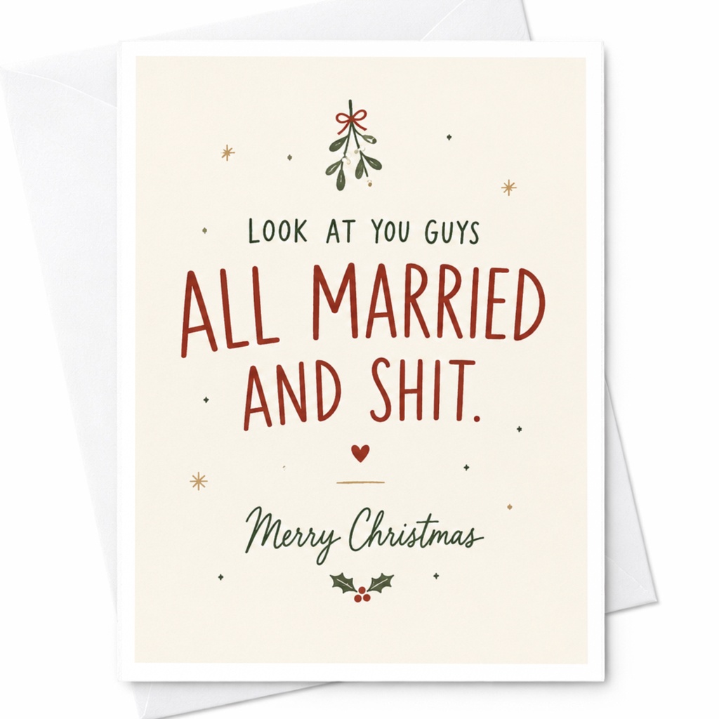 Look At You Guys All Married And Shit. Merry Christmas Funny Wedding Card Christmas Newlyweds Holiday Greeting For Couple C7219
