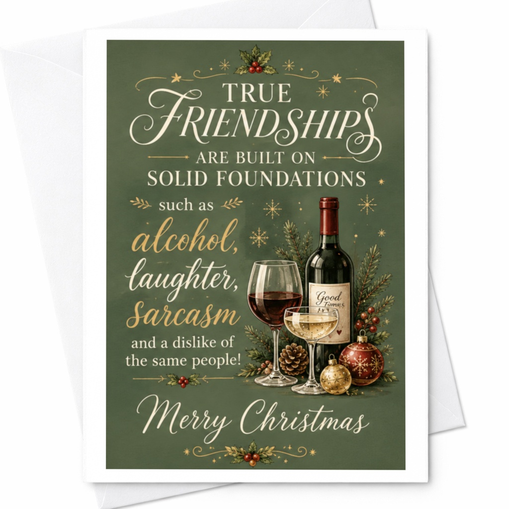 True Friendships Christmas Card Alcohol Laughter Sarcasm Funny Holiday Greeting Card For Friends Wine Lovers Xmas Card C7164