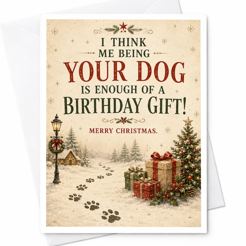 I Think Me Being Your Dog Is Enough Of A Birthday Gift! Merry Christmas. Funny Dog Christmas Birthday Card For Dog Lover C7167