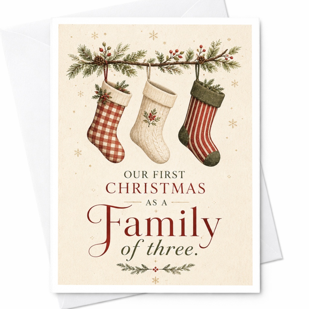 Our First Christmas As A Family Of Three Christmas Card New Parents Holiday Greeting Card Cute Stocking For Family C7225