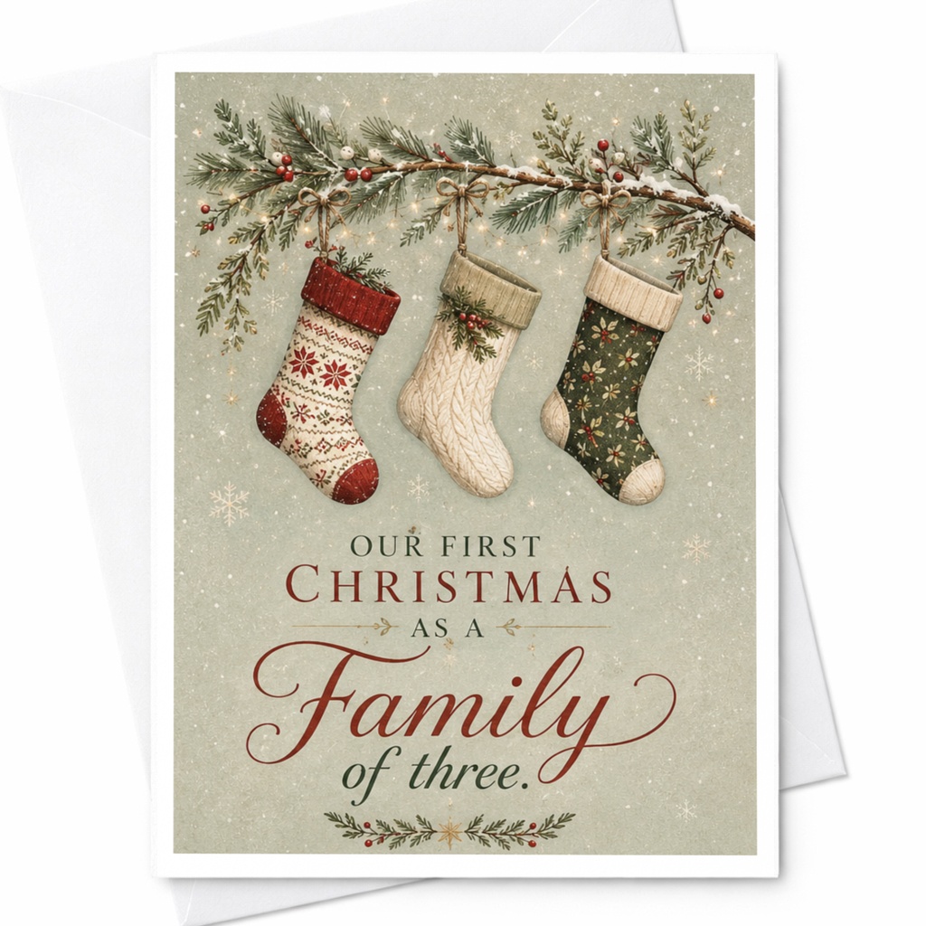 Our First Christmas As A Family Of Three Christmas Card New Parents Holiday Greeting Card For Family Cute Stocking C7226