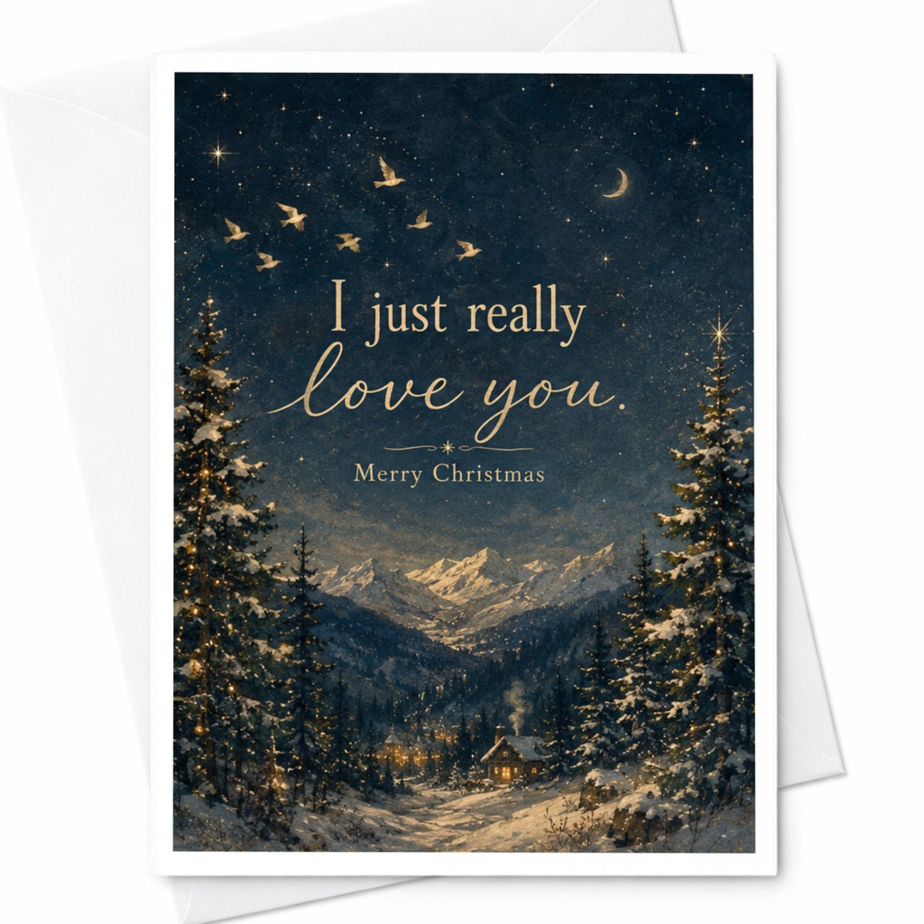 I Just Really Love You Merry Christmas Card Romantic Holiday Greeting Winter Scene For Partner Spouse Cute Festive Card C7172