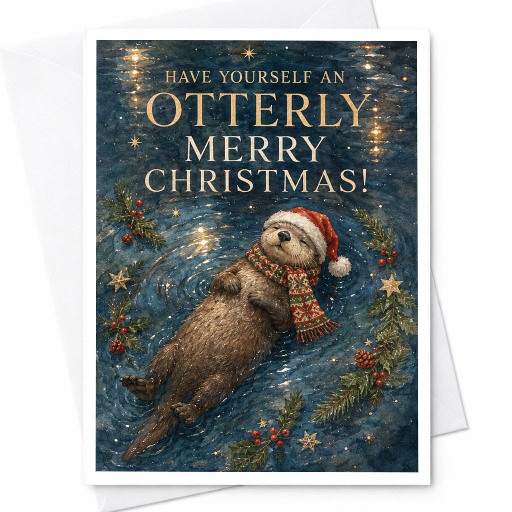 Have Yourself An Otterly Merry Christmas! Cute Otter Christmas Card Animal Lover Holiday Greeting Card Festive Santa Hat C7228
