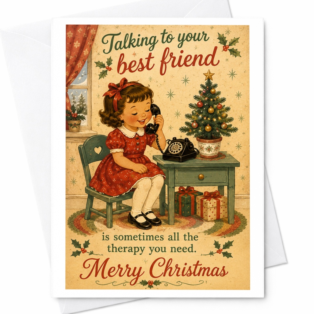 Talking To Your Best Friend Merry Christmas Card Vintage Style Holiday Greeting Card For Best Friend Cute Festive Card C7229