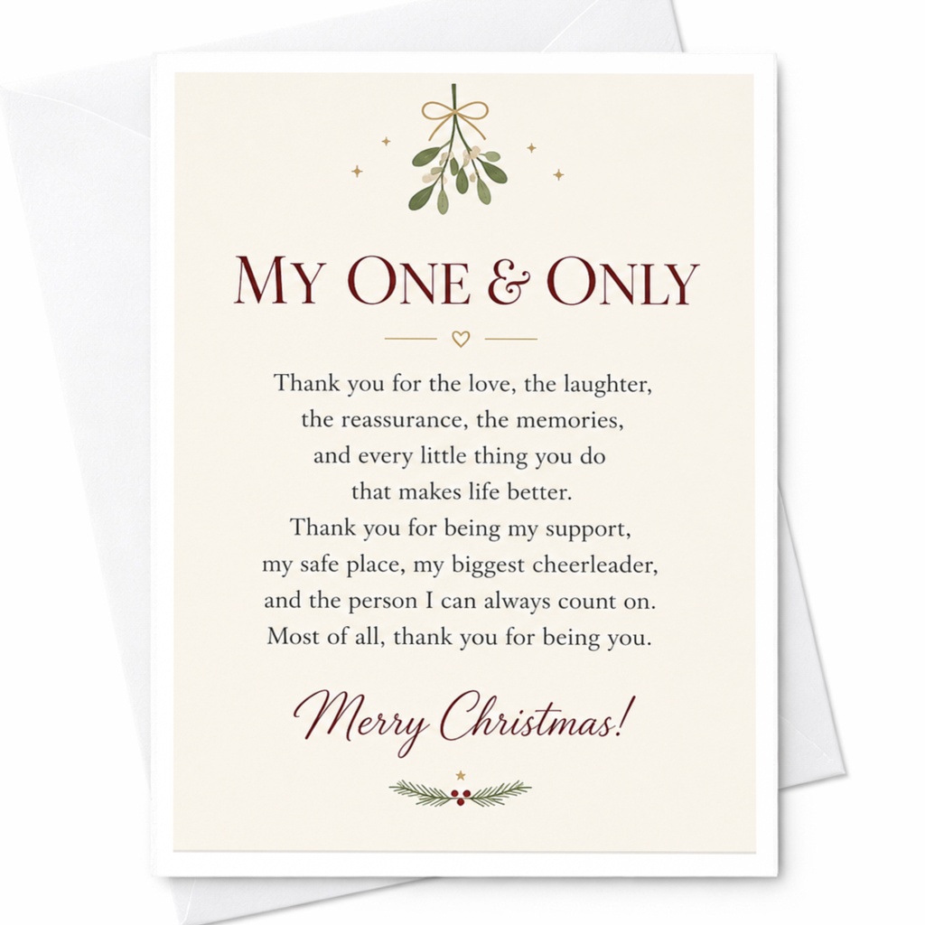My One & Only Merry Christmas Card Romantic Holiday Greeting Card For Partner Heartfelt Message Mistletoe C7231