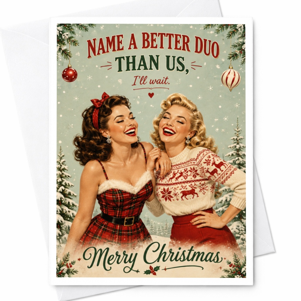 Name A Better Duo Than Us, I'll Wait. Merry Christmas Vintage Style Christmas Card For Friends Funny Holiday Greeting Card C7176