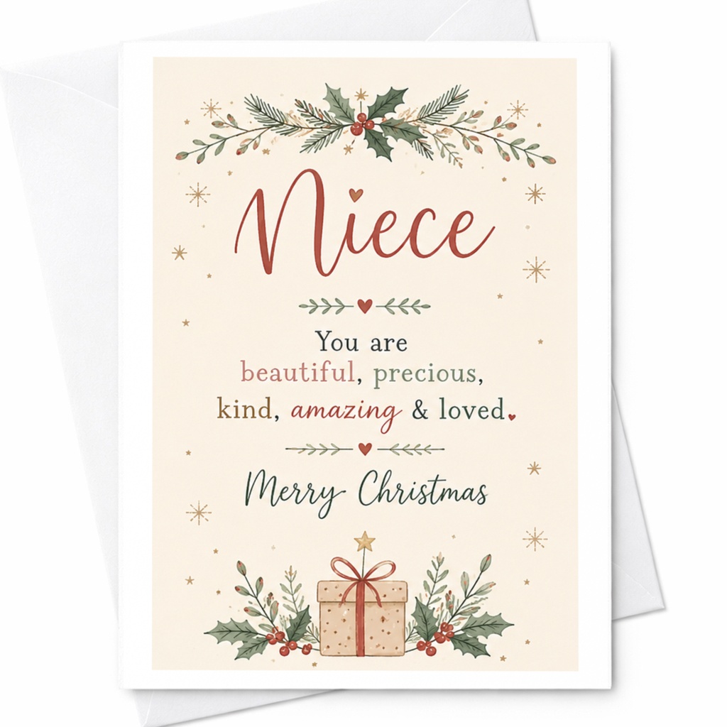 Niece You Are Beautiful Precious Kind Amazing & Loved Merry Christmas Card For Niece Holiday Greeting Card Festive Xmas Card C7179