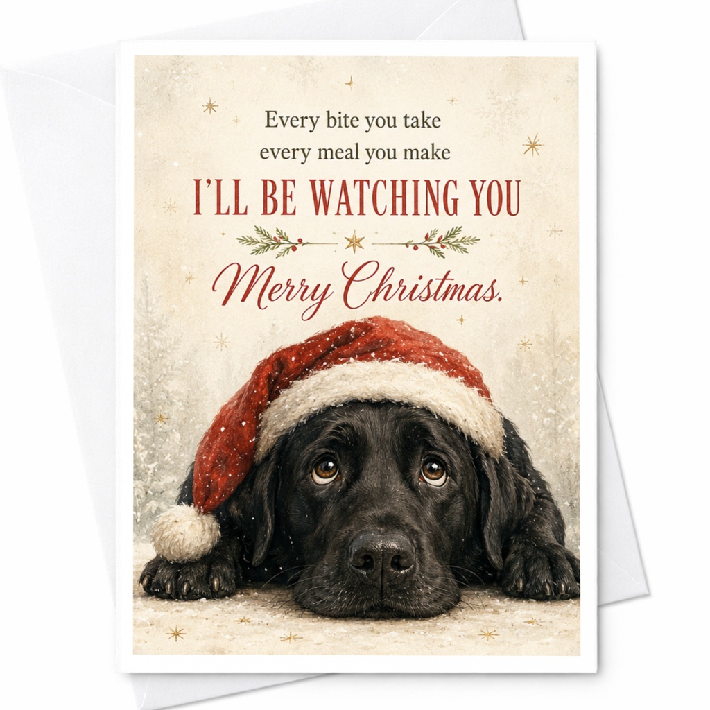 Every Bite You Take I'll Be Watching You Merry Christmas Card Funny Dog Santa Hat Holiday Card For Pet Lover Cute Xmas Card C7183