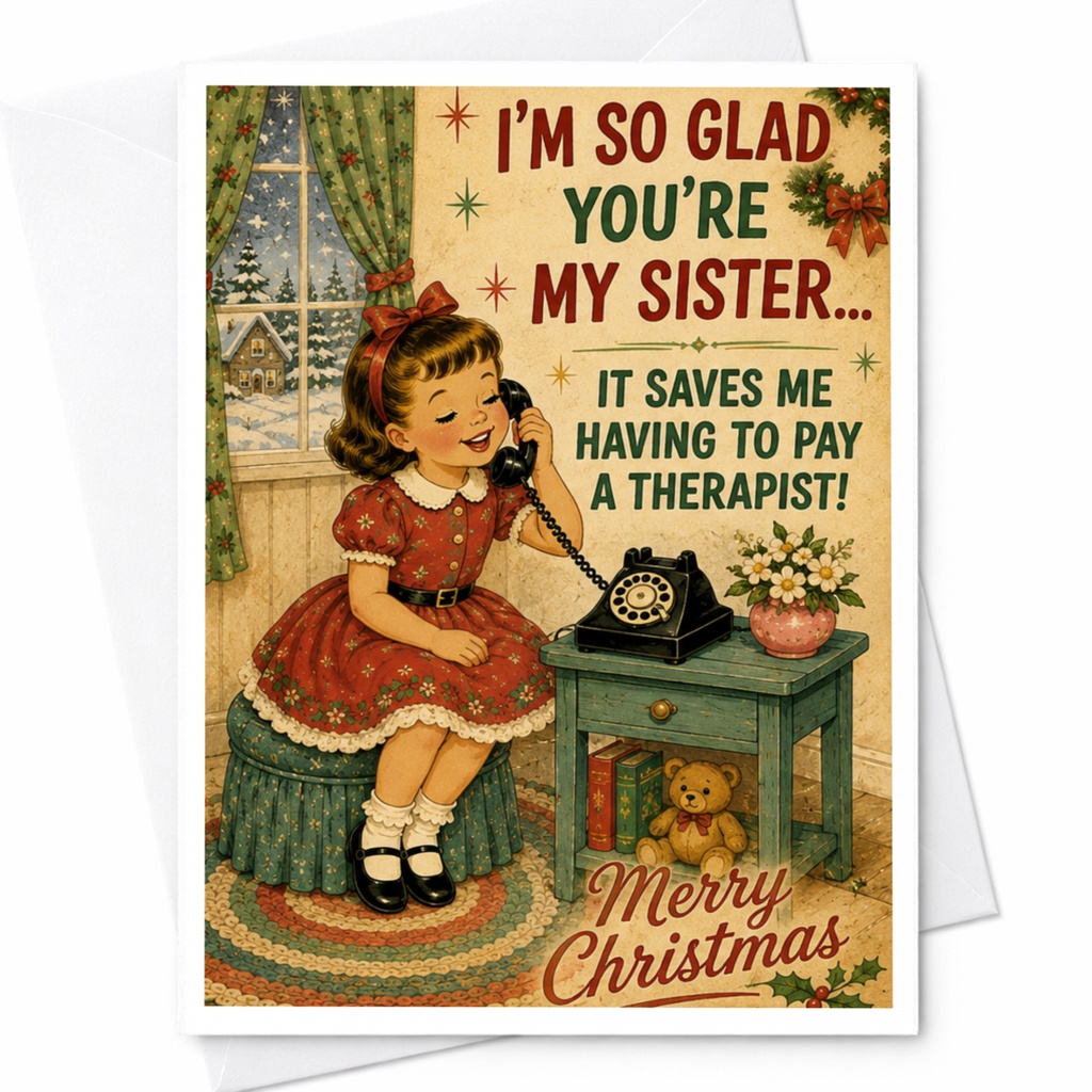 I'm So Glad You're My Sister Christmas Card Funny Vintage Style For Sister Holiday Greeting Card Cute Retro C7189