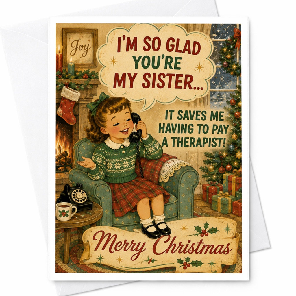 I'm So Glad You're My Sister Christmas Card Funny Holiday Greeting For Sister Vintage Style Festive Card C7190
