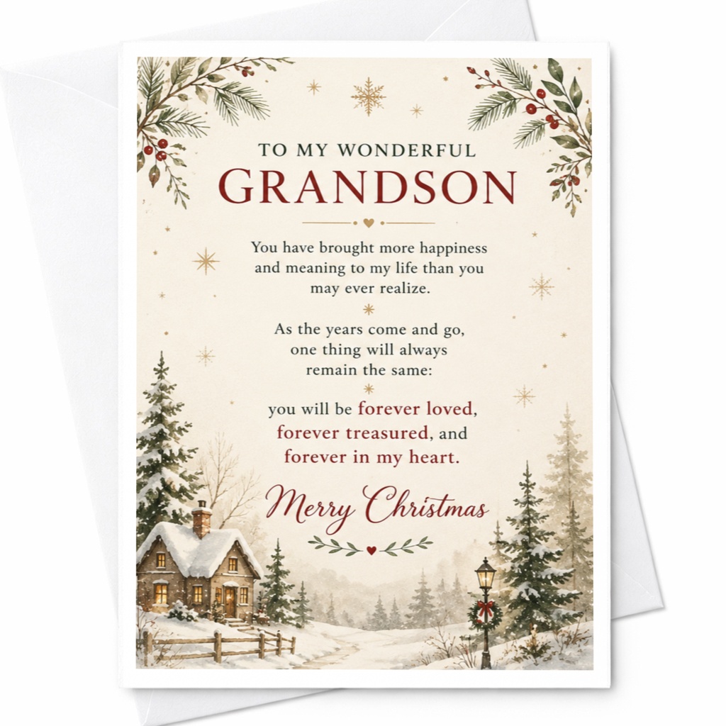 To My Wonderful Grandson Merry Christmas Card For Grandson Heartfelt Holiday Greeting Winter Scene Forever Loved C7191