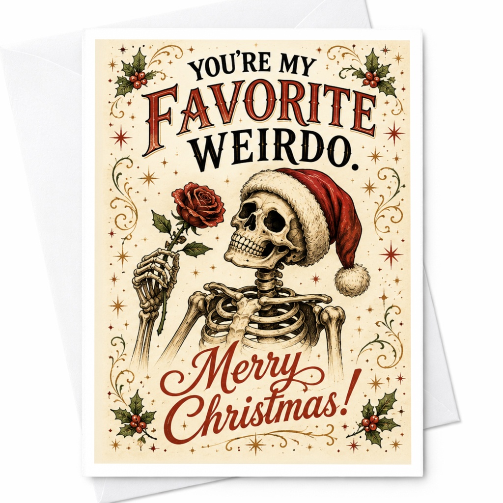 You're My Favorite Weirdo. Merry Christmas! Funny Skeleton Christmas Card For Friend Unique Holiday Greeting Card C7195